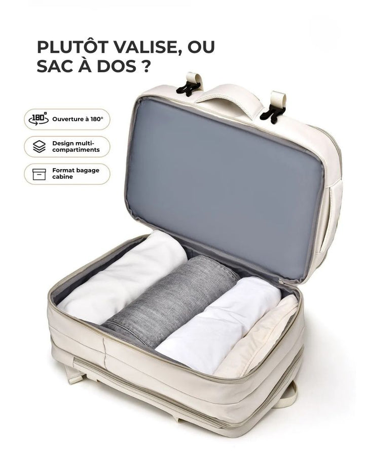 Sac à dos cabine extensible, ouverture type valise à 180°, format bagage cabine 