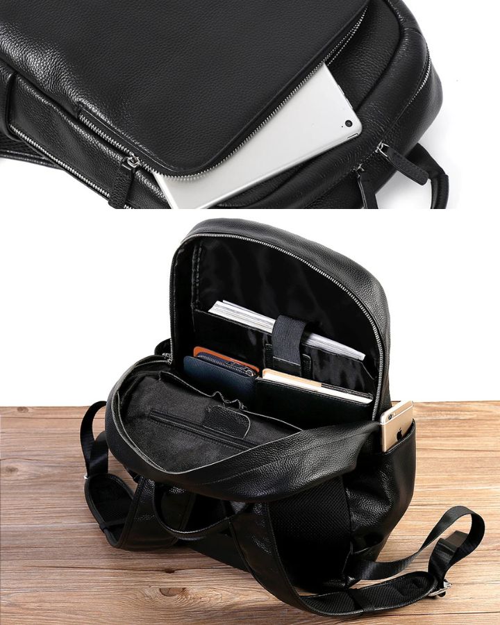 Petit sac à dos en cuir véritable pour homme, vue d'intérieur avec poches et compartiments
