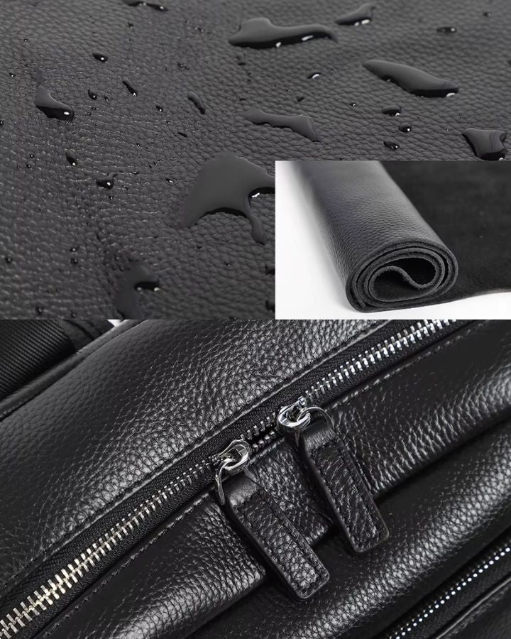 Petit sac à dos en cuir véritable pour homme, vu zoom du cuir et des fermetures Éclair