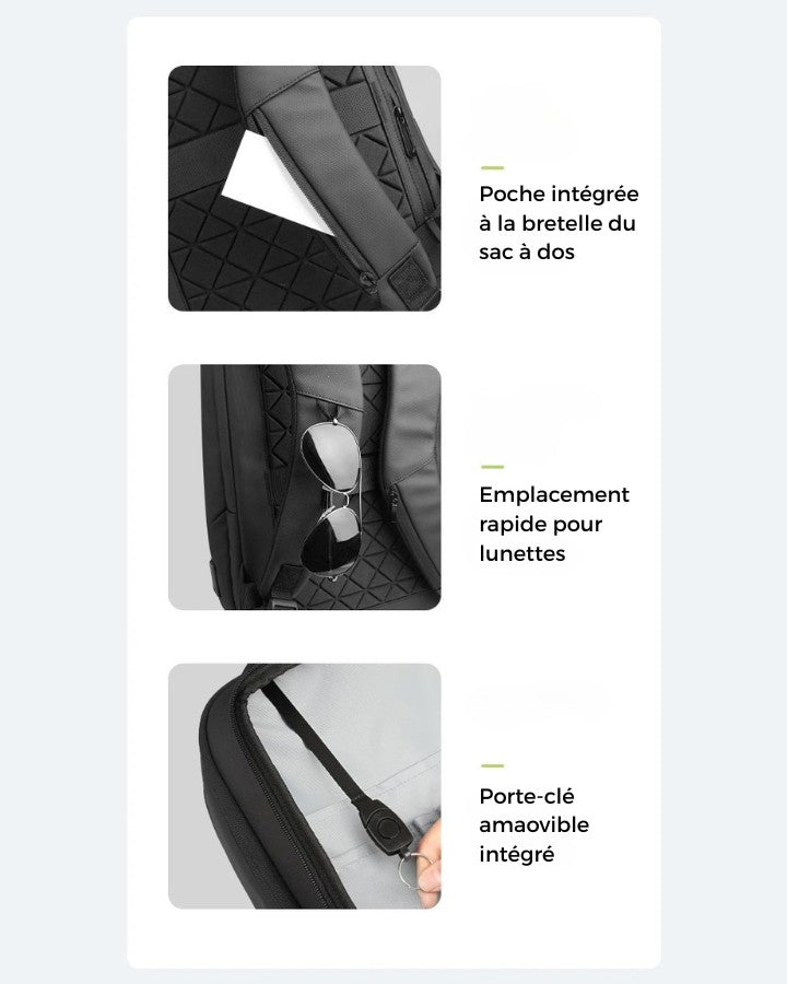 Poche intégrée à la bretelle du sac à dos, emplacement rapide pour lunettes et porte-clé amovible intégré