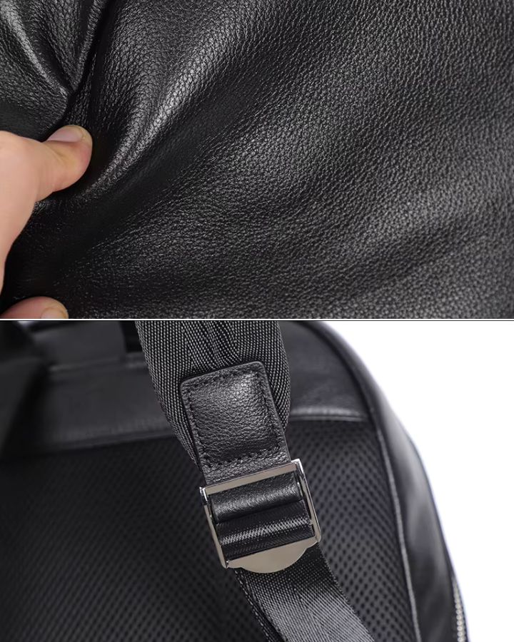 Petit sac à dos de ville en cuir pour homme, vu du cuir et des détails