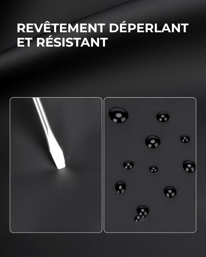 Gros plan sur le tissu du sac à dos montrant la résistance aux rayures et la surface déperlante grâce au revêtement.