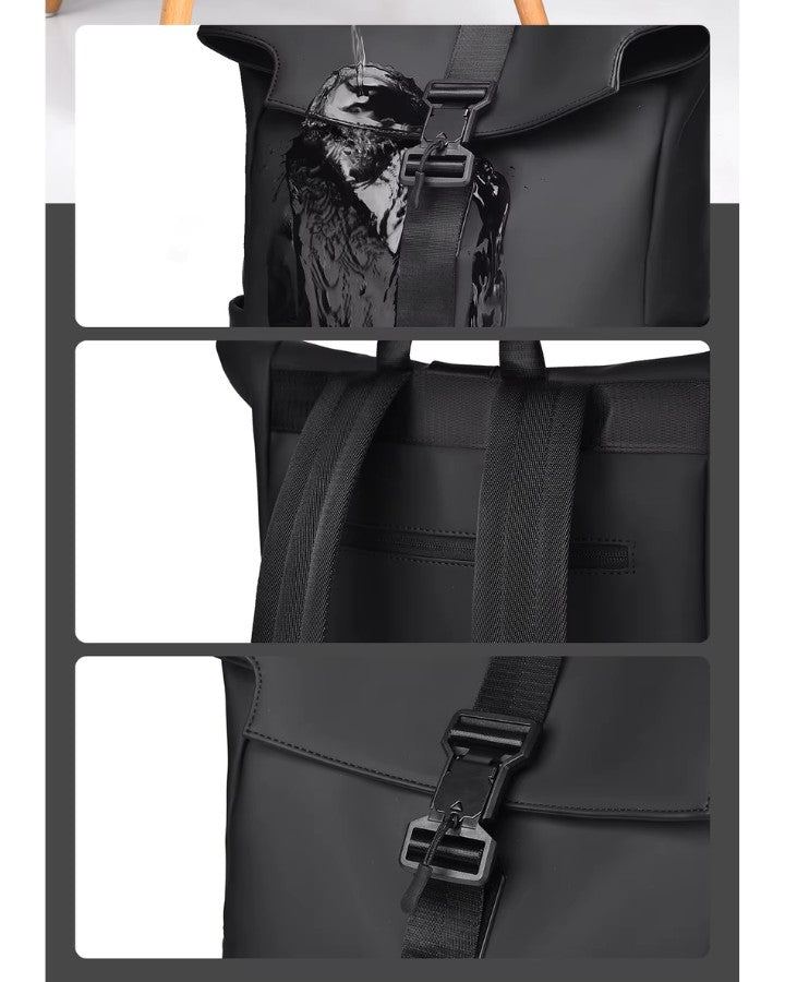 Détails du sac à dos de ville : revêtement déperlant, poche arrière zippée et système de fermeture par boucle.