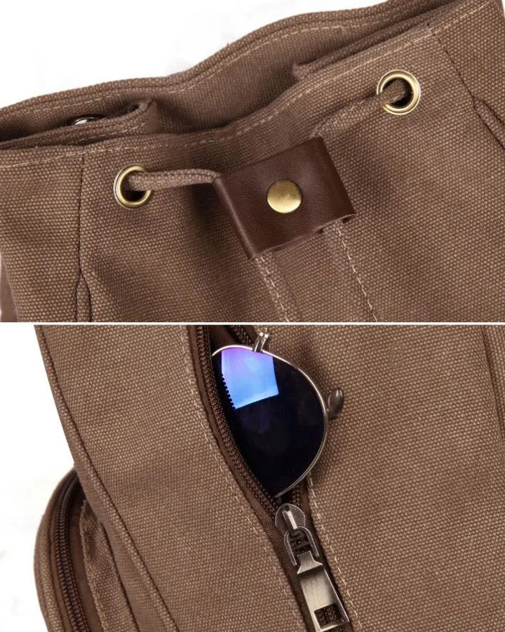 Petit Sac à Dos en Toile Femme, détails, fermeture serrage corde, poche zippée