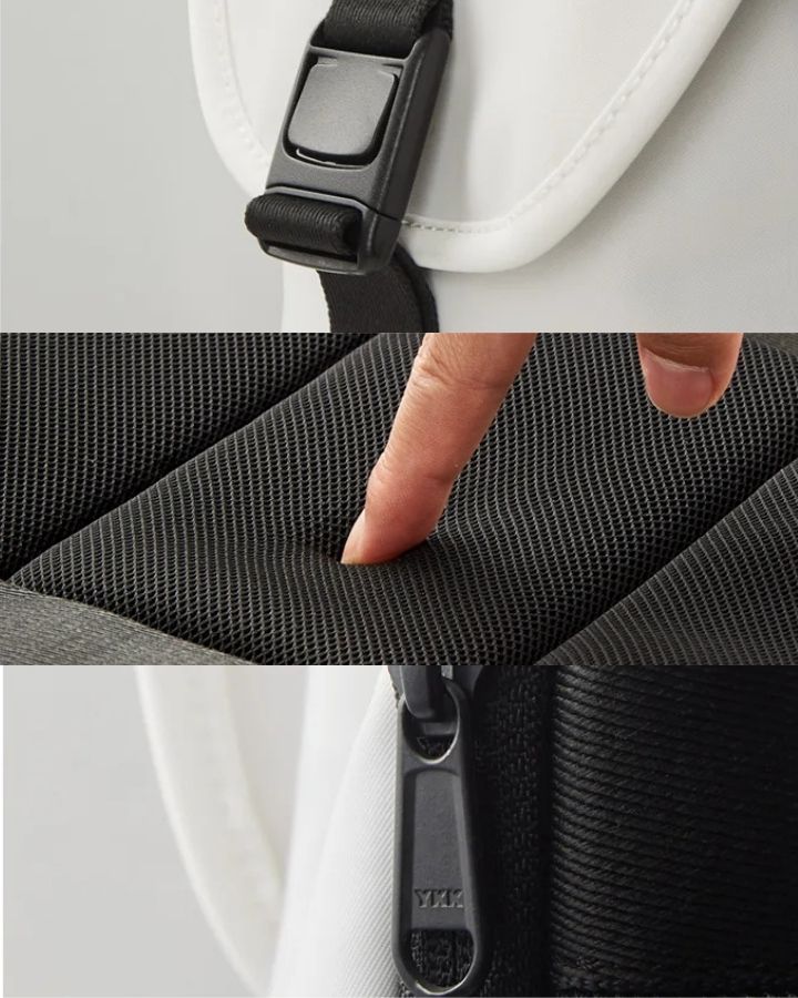 Petit Sac à Dos de Voyage Femme, détails : rembourré, boucles, fermetures YKK