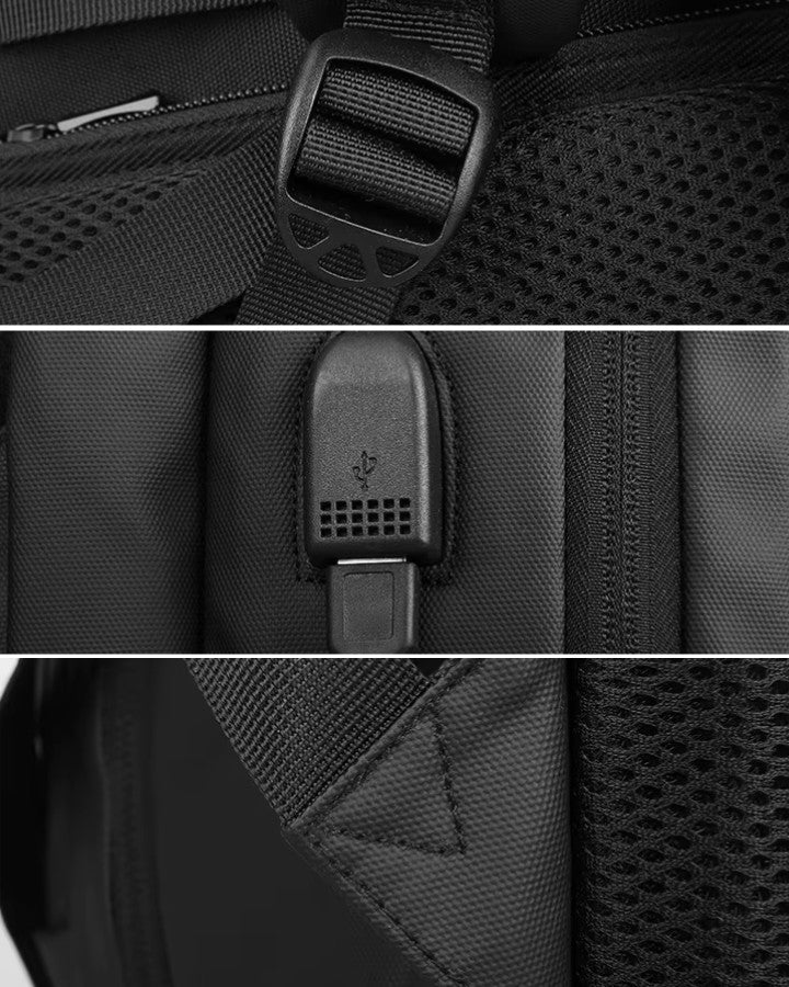 Gros plan sur la boucle de sangle, le port USB intégré et les renforts des bretelles du sac à dos.