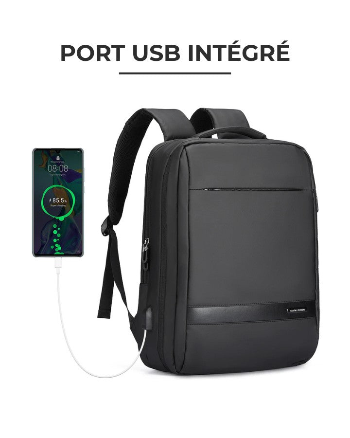 Sac à dos noir avec port USB intégré connecté à un smartphone pour la recharge en déplacement.