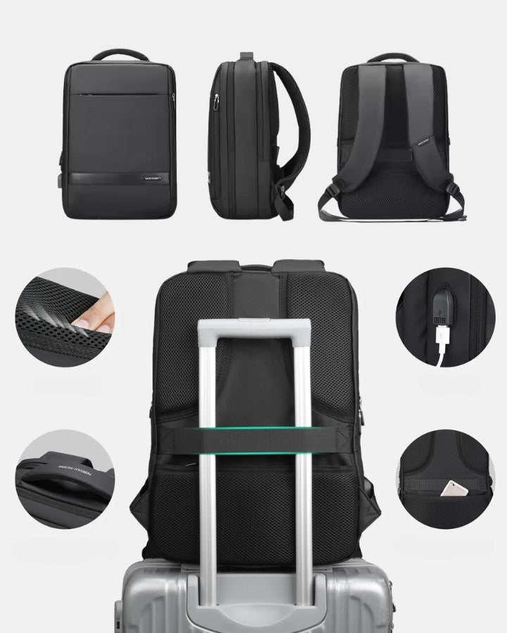 Vues avant, profil et dos du sac avec zooms sur le dos respirant, la sangle trolley et la prise USB externe.
