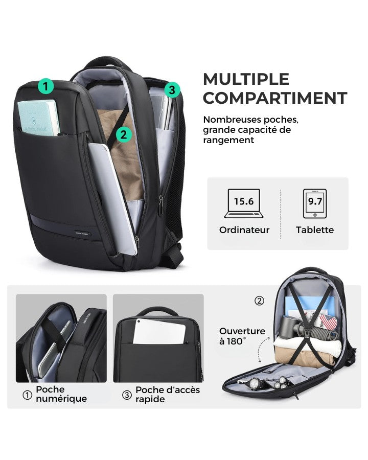 Infographie dévoilant les multiples compartiments du sac à dos 40 × 30 × 15 cm, adapté à un ordinateur 15,6 pouces et une tablette.
