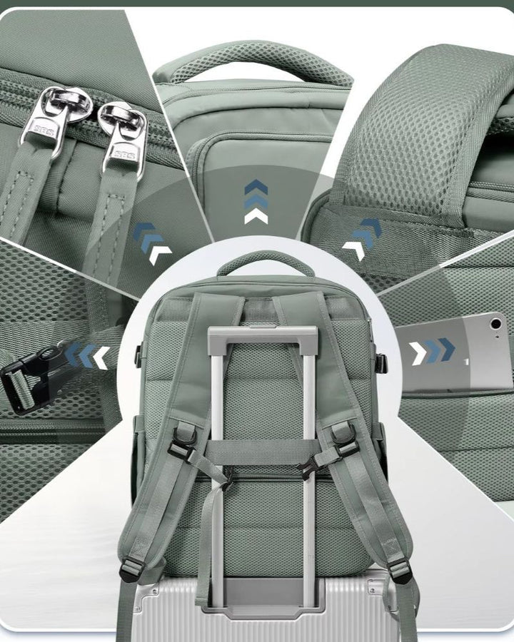 Sac à dos 40 x 20 x 25 cm, bande de fixation trolley et vue sur les détails du sac