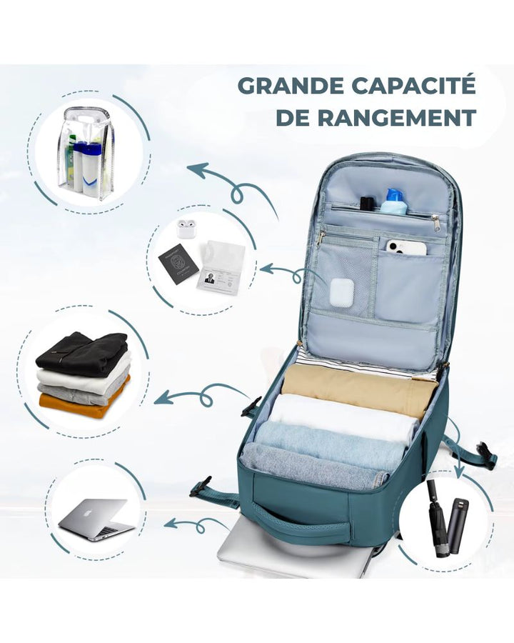 Sac à dos 40 x 20 x 25 cm, ouverture à 180°, grande capacité