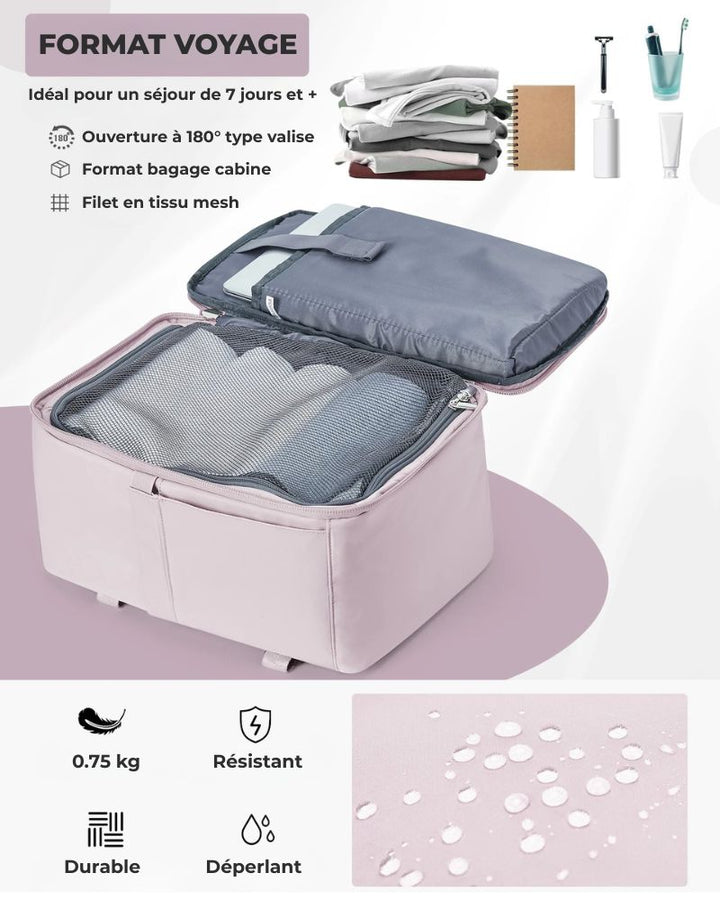 Sac à dos 40 x 20 x 25 cm Ryanair, format cabine, ouverture à 180°, déperlant, léger et durable