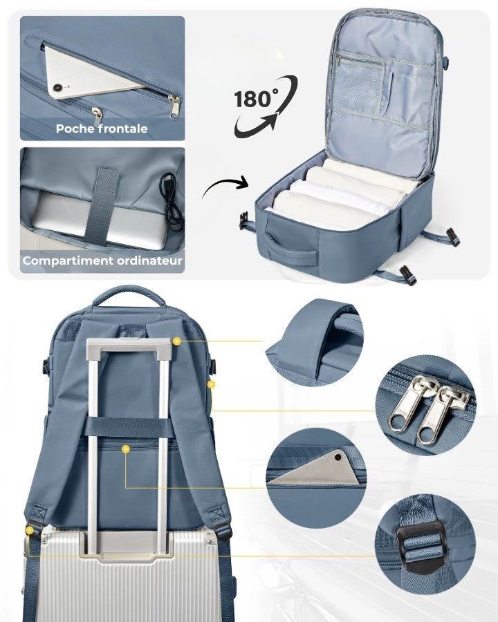 Sac à dos 45 x 36 x 20 cm avec ouverture à 180°, compartiment pc portable, poche secrète au dos