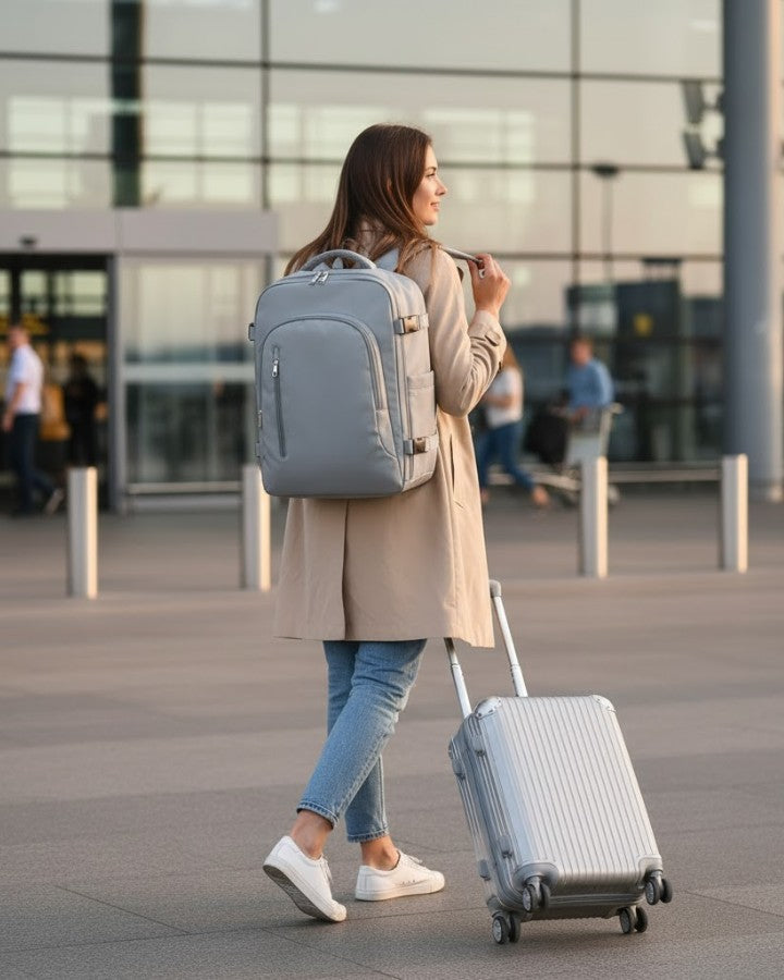 Sac à dos 45 x 36 x 20 cm porté par une femme avec une valise