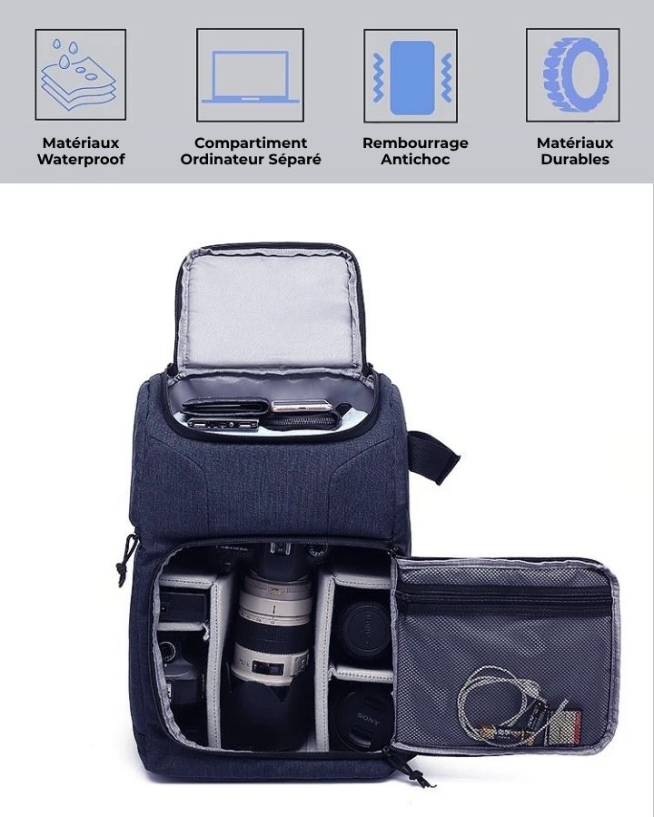 Sac à Dos Appareil Photo Voyage, waterproof, compartiment ordinateur, antichoc, durable