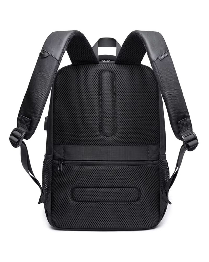 Sac à dos avec pochette ordinateur, coloris noir, vue de dos, dos en mousse 3D respirante et poche zippée sécurisé et bande de fixation trolley