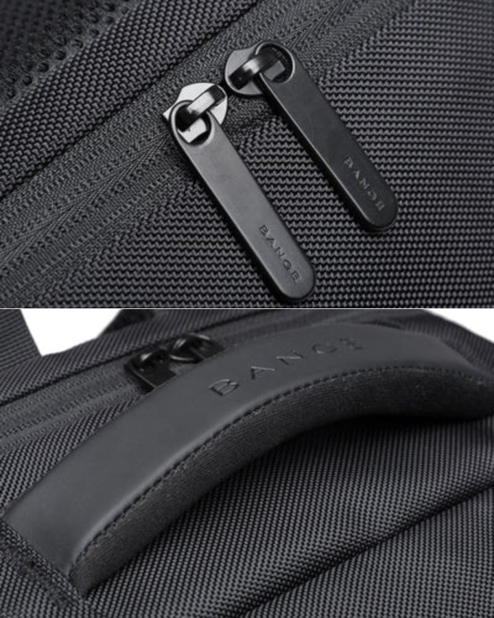 Sac à dos avec pochette ordinateur, coloris noir, vue sur les détails de fermeture éclair et de la poignée renforcée et rembourrée avec la marque BANGE écrite
