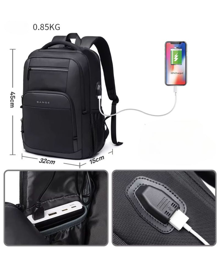 Sac à dos avec pochette ordinateur, coloris noir, poids de 0.85 kg, 45 x 32 x 15 cm, port USB et compartiment à batterie externe portative