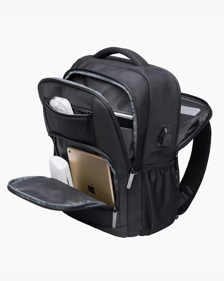 Sac à dos avec pochette ordinateur, coloris noir, avec multiples compartiments extérieurs ouverts