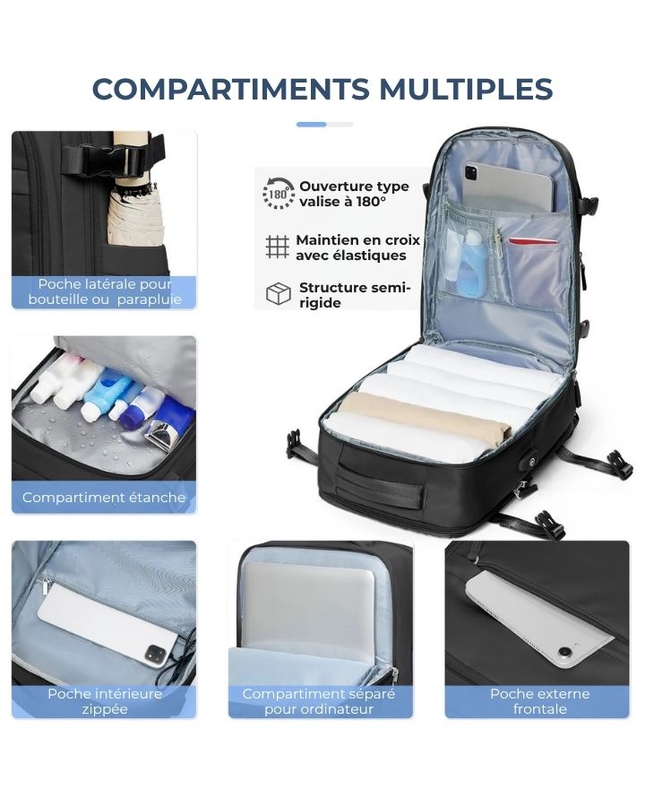 Sac à Dos Bagage Cabine 45x36x20, compartiments multiples, ouverture à 180°, compartiment pour ordinateur portable, compartiment étanche