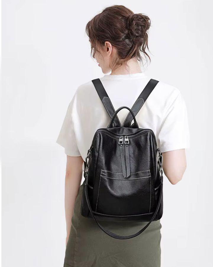 Sac à dos bandoulière cuir femme, porté sur le dos