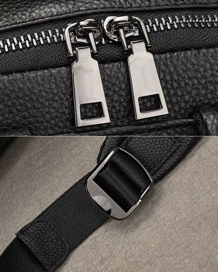 Sac à dos business homme en cuir, vue des détails métalliques, fermetures et sangles réglables