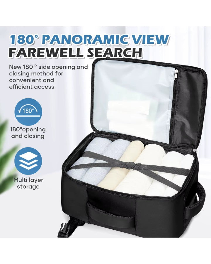 Intérieur du sac à dos cabine 40 x 30 x 20 ouvert à 180° avec vêtements roulés