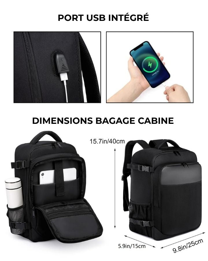 Sac à Dos Cabine Avion 40x20x25, port USB et dimensions cabine