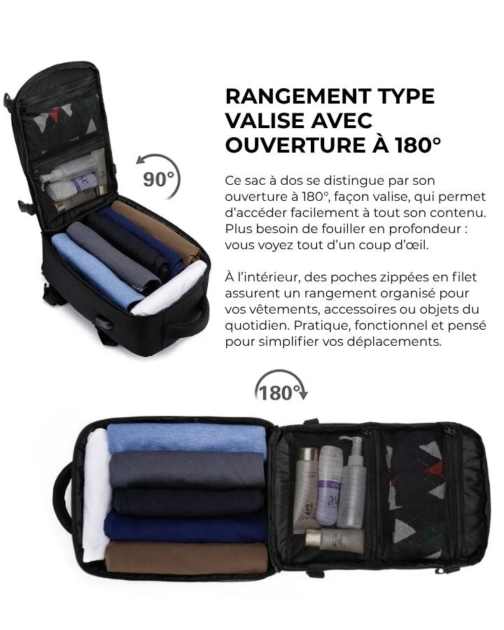 Sac à Dos Cabine Avion 40x20x25, rangement type valise à 180°