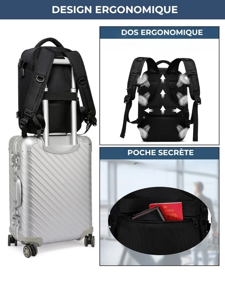 Sac à Dos Cabine Avion 40x20x25, design ergonomique, bande trolley, dos ergonomique et poche secrète cachée