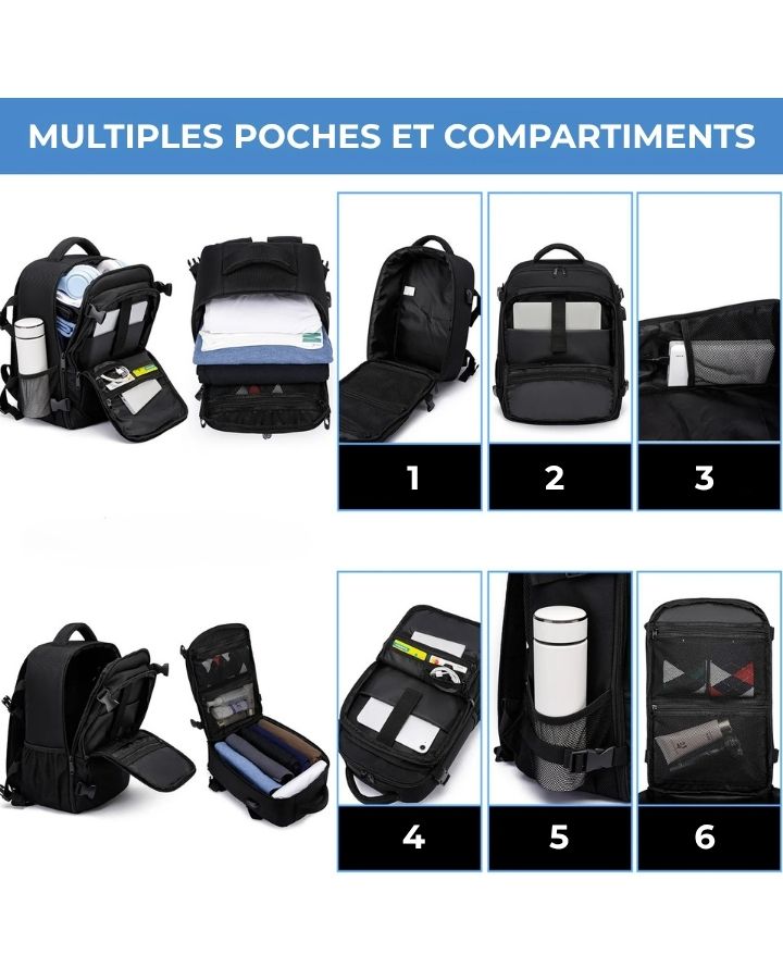 Sac à Dos Cabine Avion 40x20x25, multiples poches et compartiments