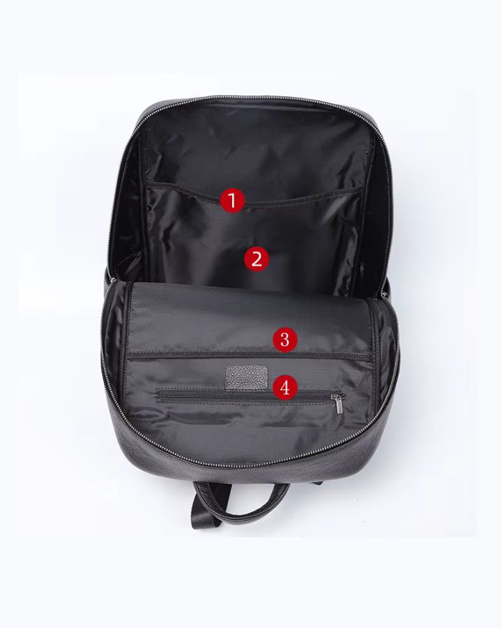 Sac à dos en cuir véritable homme, vue sur l'ouverture du sac, 4 poches internes