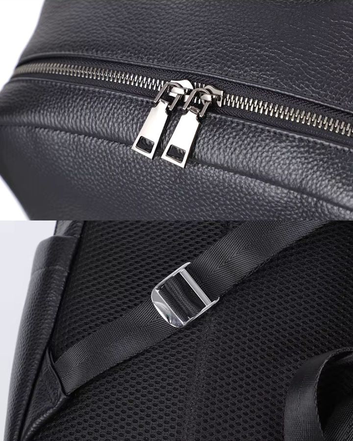 Sac à dos en cuir véritable homme, vue sur les détails métalliques