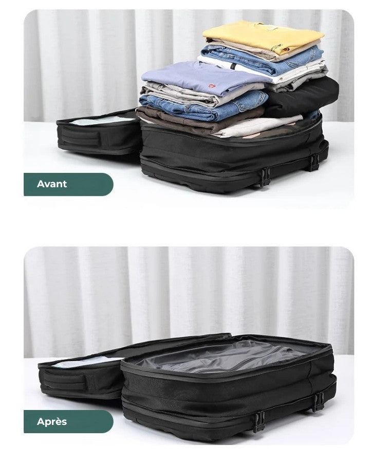 Sac à Dos de Compression Voyage Sans Aspirateur, avant et après compression