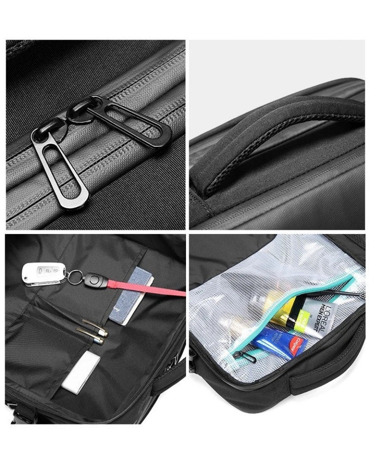 Sac à Dos de Compression Voyage Sans Aspirateur, détails, porte-clé, compartiment étanche pour produits de beauté