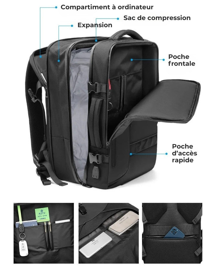 Sac à Dos de Compression Voyage Sans Aspirateur, avec multiples poches et compartiments