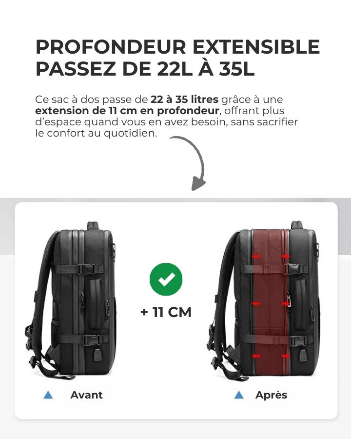 Sac à Dos de Compression Voyage Sans Aspirateur, profondeur extensible de 11 cm, de 22L à 35L