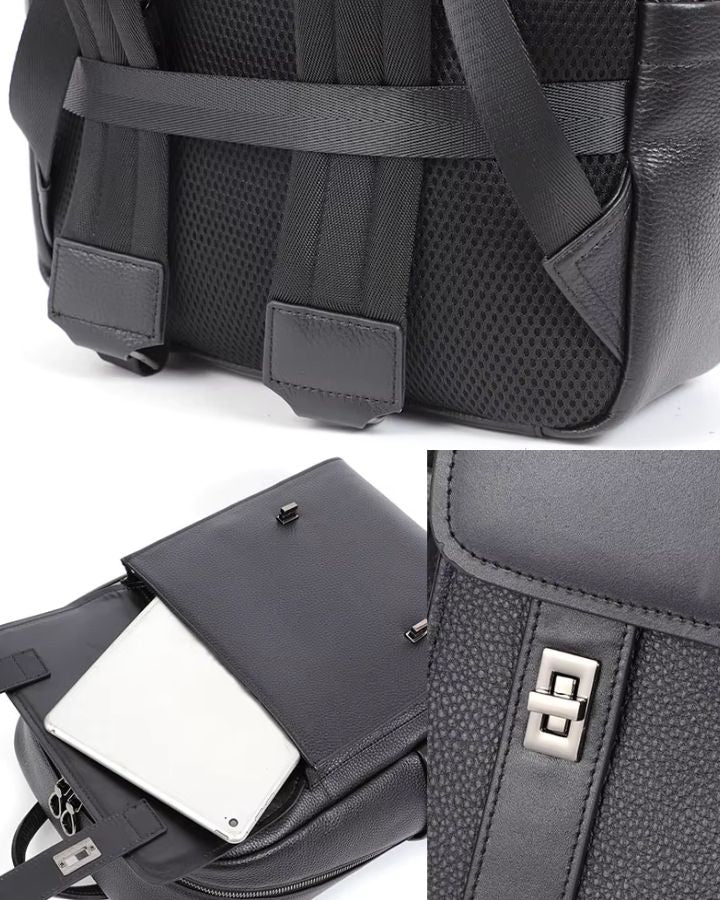 Sac à dos design en cuir véritable homme, finitions soignées et poche frontale pour tablette tactile