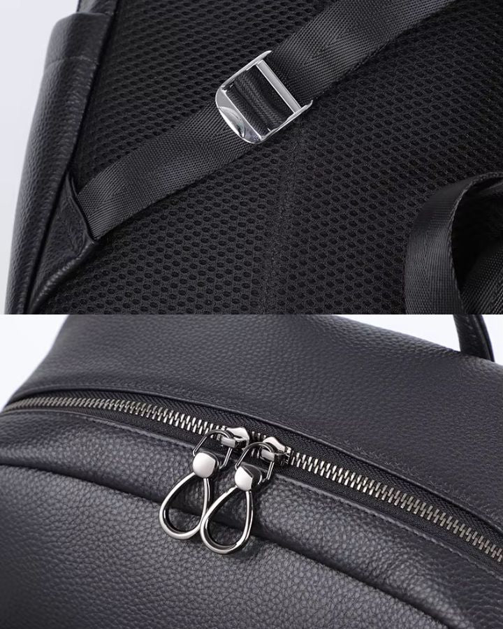 Sac à dos design en cuir véritable homme avec fermeture et pièces métalliques