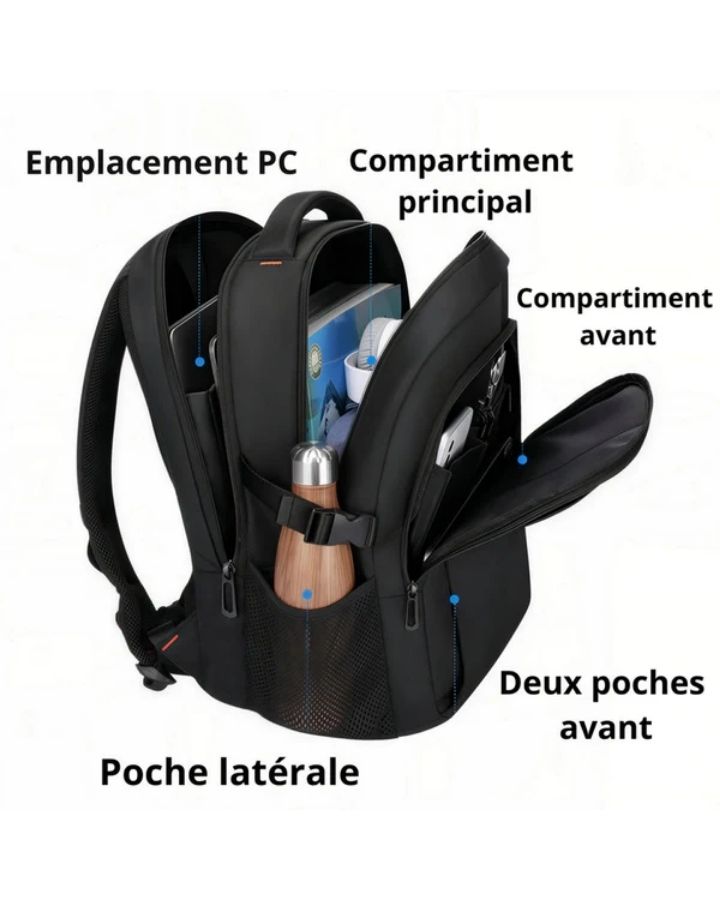 Sac à dos d'école ergonomique, avec emplacement pour ordinateur portable, grand compartiment principale, compartiment frontale, poches latérales élastiques en filet pour bouteille d'eau, multiples poches