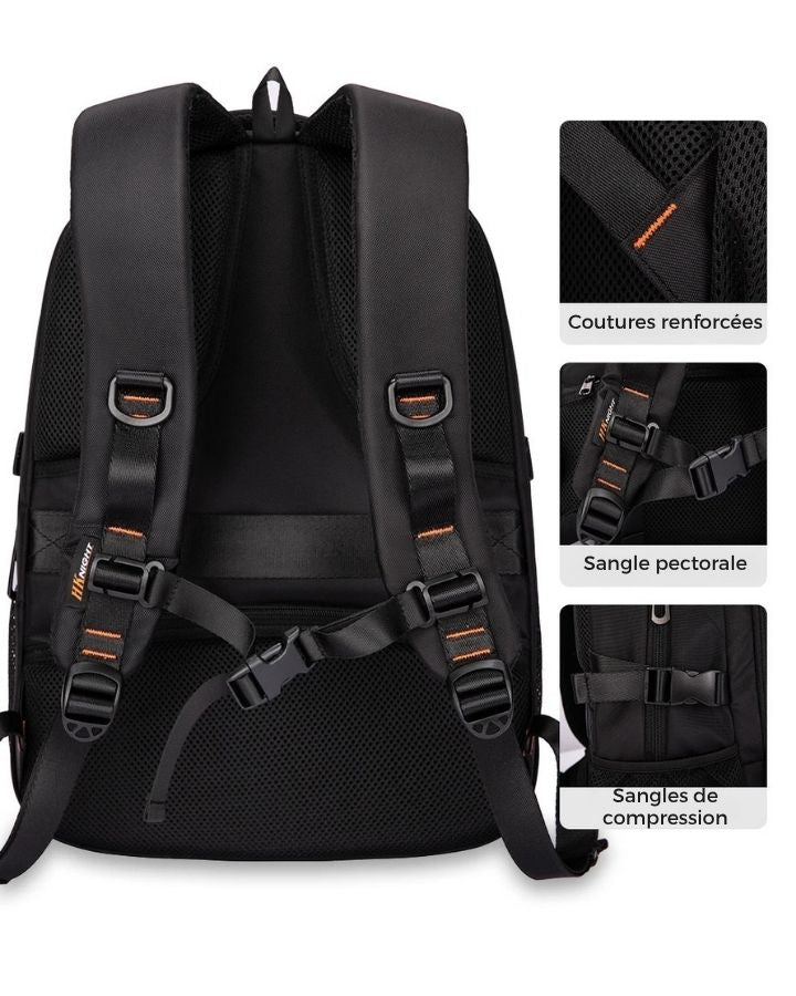 Sac à dos d'école ergonomique, coutures renforcées, sangles pectorales, sangles de compression