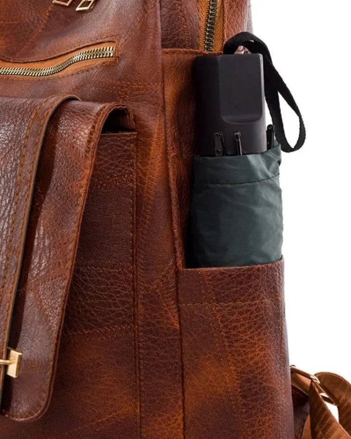 Sac à Dos en Cuir Vintage Femme, avec poche latérale pour bouteille ou parapluie