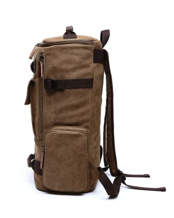 Sac à Dos en Toile Vintage, marron, vue de côté, avec poche latérale et sangle de serrage