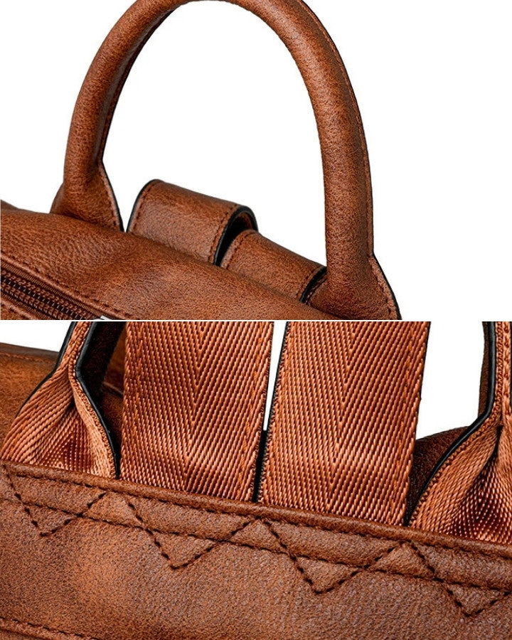 Sac à Dos et Bandoulière en Cuir, vue sur les détails, anse, coutures