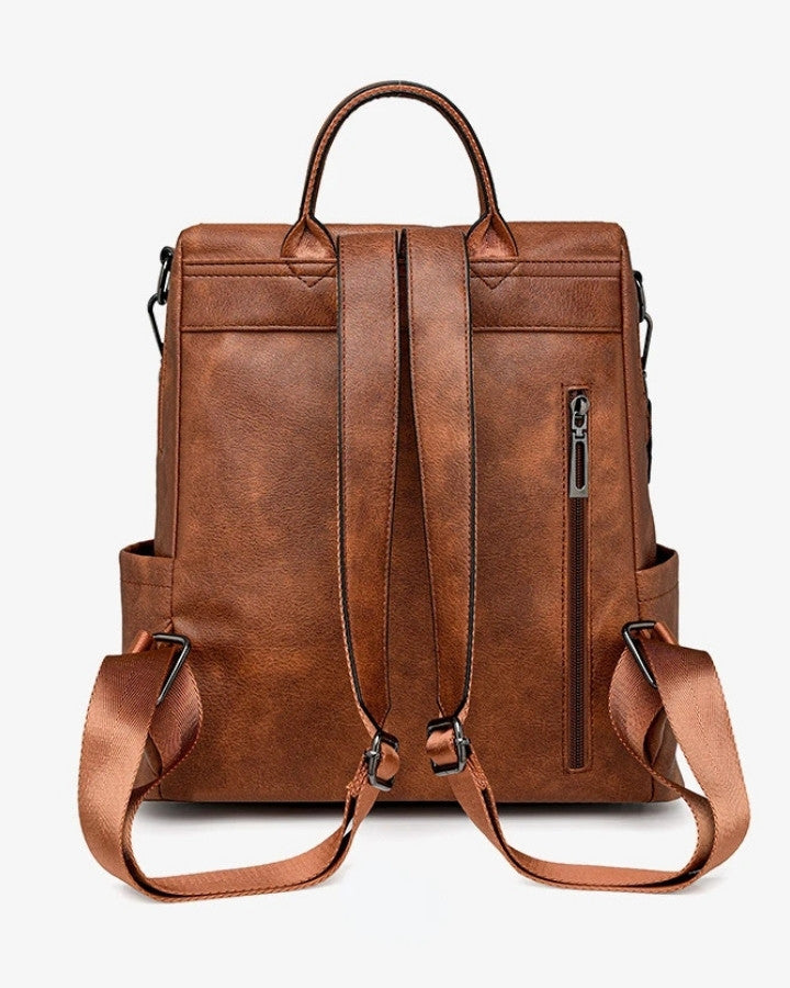 Sac à Dos et Bandoulière en Cuir, brun, vue de dos, avec poche sécrète zippée