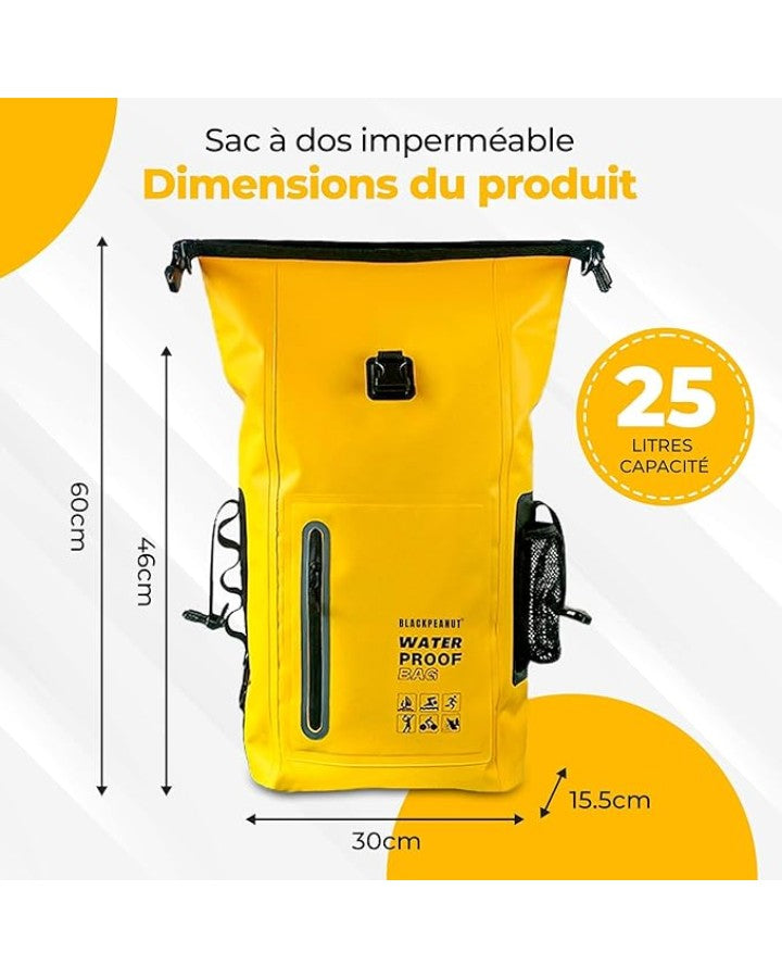 Sac à Dos Étanche pour Nager, dimensions : 46 à 60 cm de haut x 30 x 15.5 cm, 25 L