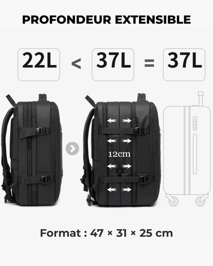 Sac à dos de voyage extensible de 12 cm - Format Bagage Cabine 47 x 31 x 25 cm, 37 litres