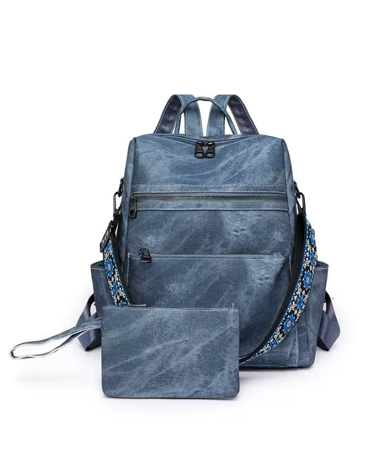 Sac à Dos Femme pour la Ville en Tissu, bleu avec sa pochette assortie
