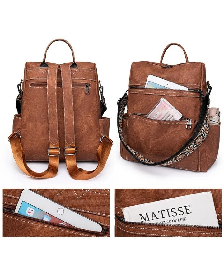 Sac à Dos Femme pour la Ville en Tissu, avec plusieurs poches zippées à l'extérieur du sac, dont une poche secrète au dos