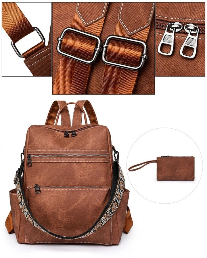 Sac à Dos Femme pour la Ville en Tissu, vue sur les détails et pochette assortie offerte